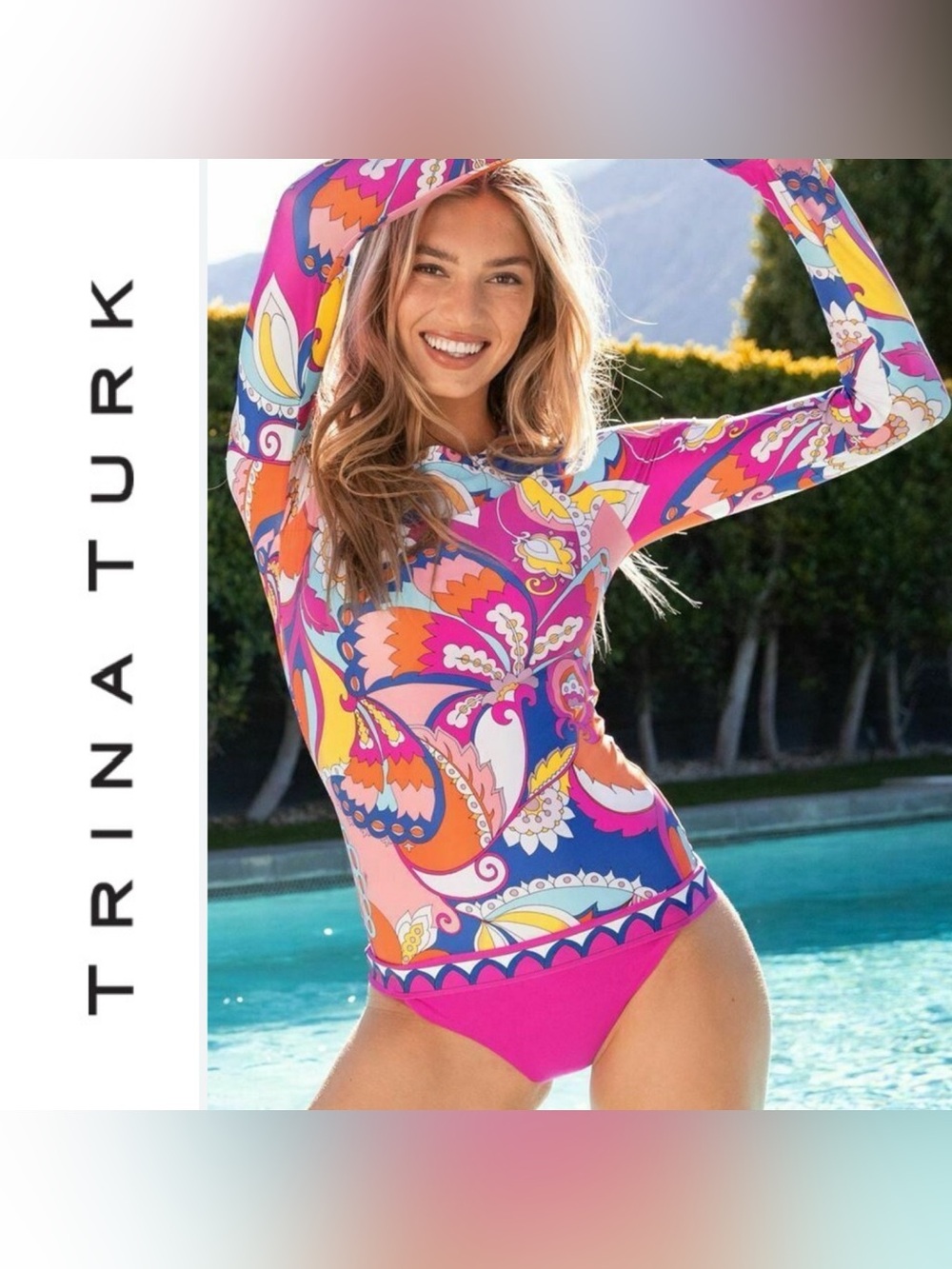 Trina Turk Seville Rash Guard Long Sleeve TShirt Swimwear Top Pool Beach
